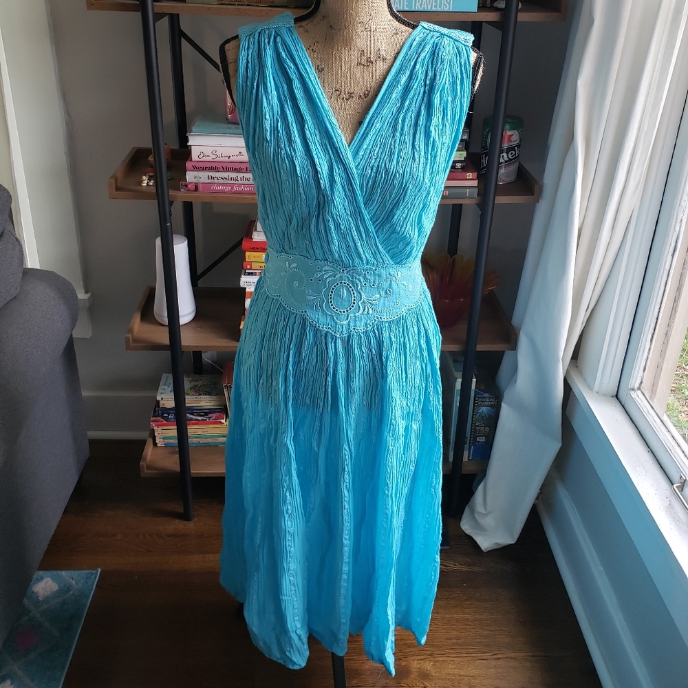Vintage 1960s Turquoise Bohemian Hippie V-Neck Dress Small